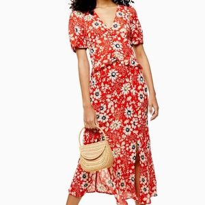 Topshop Red Floral Ruffle Midi Dress Size 6